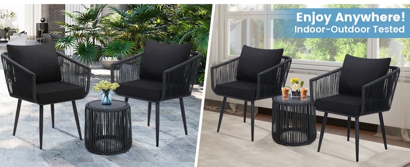 Kromax 3 Pieces Patio Rattan Bistro Conversation Set, Outdoor All-Weather Wicker Furniture Chairs and Side Table Set Ideal for Balcony, Porch and Backyard, Black
