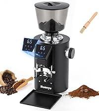 Huanyu Commercial Coffee Grinder with 64mm Flat Burr Anti-Flying Grounds Outlet 26oz Lotus Hopper 8 Stepless Settings Electric Coffee Grinders with Smart Touchscreen for Cafés Restaurants