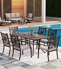 PHI VILLA Cast Aluminum Patio Dining Set for 6 Person, 7 Piece Outdoor Patio Set with 64" x 37" Cast-Top Aluminum Table(2.3" Umbrella Hole), 4 Dining Chairs and 2 Swivel Rockers with Seat Cushions