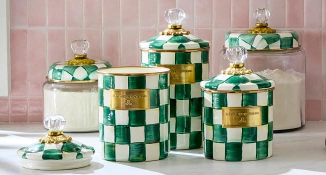 MACKENZIE-CHILDS Enamel Tea Kettle, Stylish Tea Kettle for Stovetop, Green-and-White Emerald Check, 2 Quarts