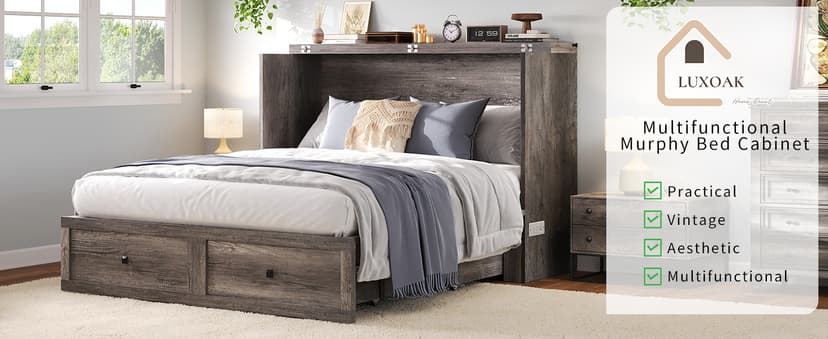 Murphy Bed Queen Size, Cabinet Bed with Charging Station Large Storage Drawer for Home Office or Small Room, Hideaway Bed Full Foldable Platform Bed, Rustic Grey