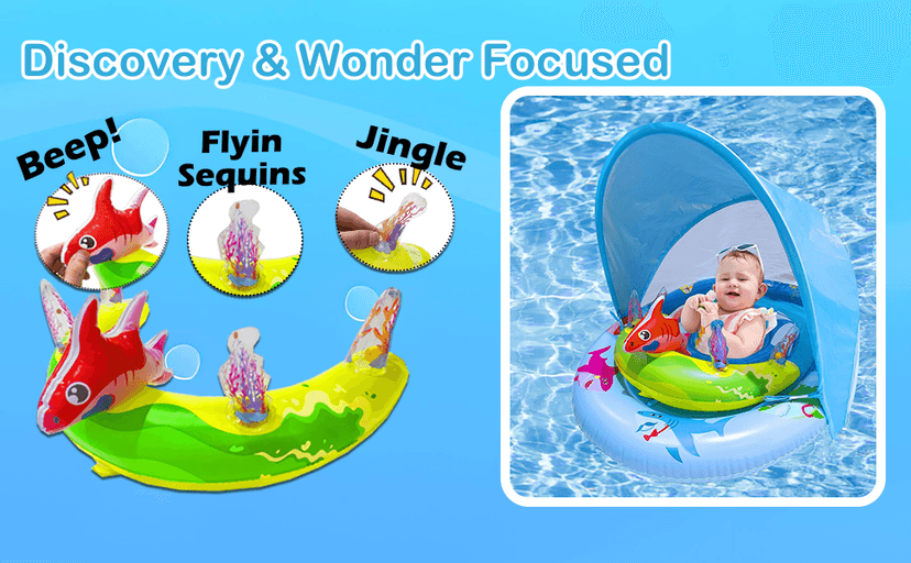 Inflatable Baby Pool Float with UPF50+ Sun Protection Canopy, Adjustable Safety Seat & Interactive Toy Play Console - Includes Ocean Animal Toys for Infants & Toddlers 3-36 Months