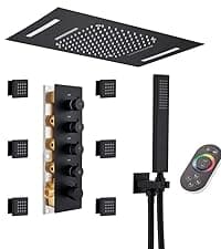 MONDAWE 23" Full Body Thermostatic Shower Jets System, 64-Color LED Music Waterfall Rainfall Luxury Shower Head System with 6 Spray Jets, Ceiling Mount Rain Shower Faucet Set, Matte Black