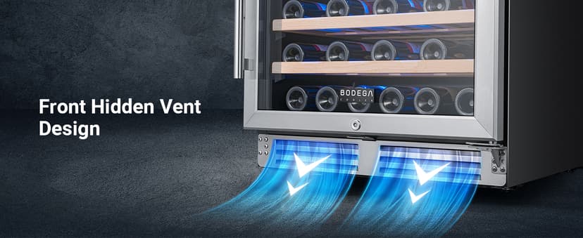 BODEGA 24 Inch Wine Cooler Refrigerator, 46 Bottle Dual Zone Wine Fridge with Double-Layer Tempered Glass Door,wine refrigerator with Temperature Memory Function, Built-in or Freestanding wine cooler.