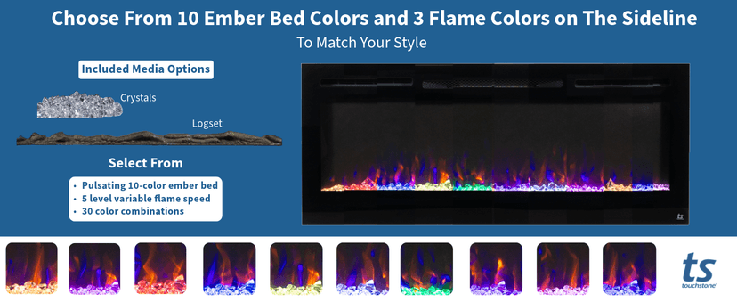 Touchstone Smart Electric Fireplace-The Forte 40" Recessed Mounted-30 Realistic Ember Color/Flame Options-1,500W Heater w/Thermostat-Black-Log & Crystal Hearth Options-Alexa/WiFi Enabled