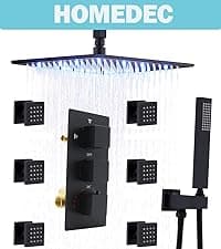 HOMEDEC 12inch Rain Shower System with Full Body Jets Sprays, Ceiling LED Brass Shower Faucet Set with 3 Functions Thermostatic Valve, Can Use All Function At Once