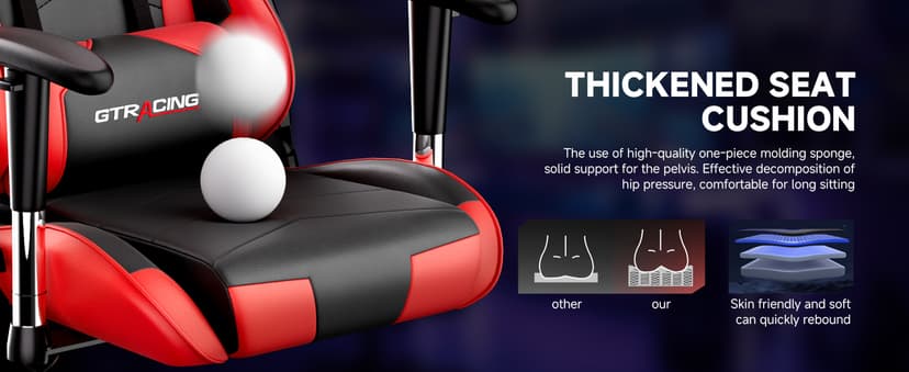 GTRACING Gaming Chair with Reclining Backrest, Adjustable Height and Swivel Base, Ergonomic Computer Chair with Headrest and Lumbar Support (Red)