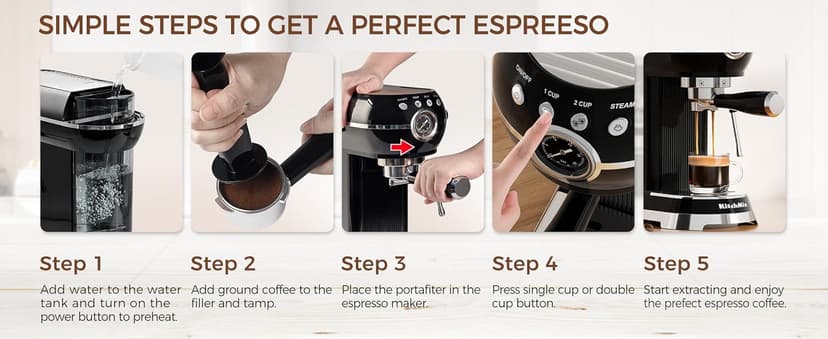 Espresso Machine with Milk Frother, 20 Bar Espresso Maker for Latte and Cappuccino, Expressions Coffee Machine with Removable Water Tank (Glossy dark)