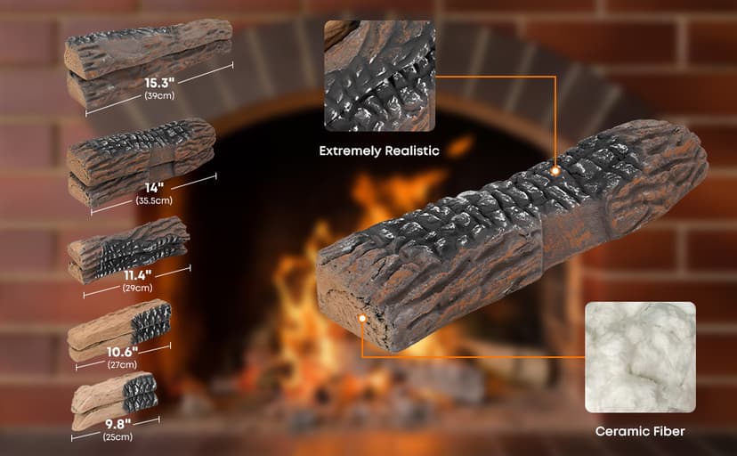 Stanbroil Large Ceramic Gas Logs, 10 Piece Set of Decoration Ceramic Wood Logs for All Types of Ventless, Gel, Ethanol, Electric, Gas Inserts, Propane, Indoor or Outdoor Fireplaces & Fire Pits