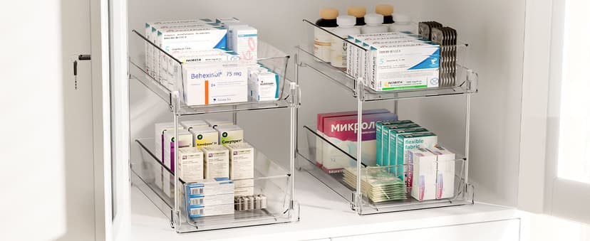 Vtopmart 4 Pack Bathroom Organizer, 2 Tier Clear Under Sink Organizers Vanity Countertop Storage Container,Cabinet Drawers Bins, Pull-Out Organization with Track for Pantry, Kitchen