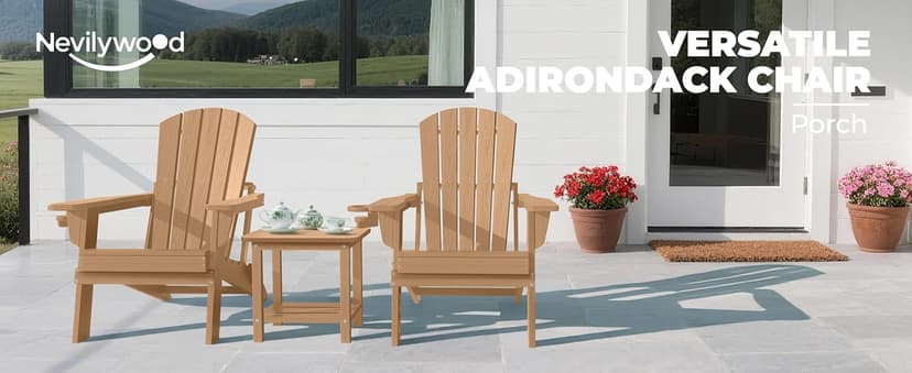 nevilywood Folding Adirondack Chair - Extended Ergonomic Backrest, Cup Holder - Easy Assembly - Durable HDPE Plastic, Weather Resistant & Maintenance-Free - Lawn, Patio, Deck Supports 400lbs Teak
