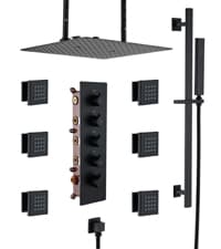 MONDAWE 28 Inch Flush-Mounted Thermostatic Shower System in Matte Black, 64 Colors LED and Bluetooth Control Music Rainfall Shower Head, Handheld Spray and Body Jets, High Pressure Shower Faucet Set