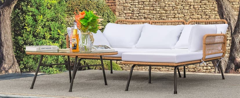 Devoko Outdoor Patio Furniture Set, Outdoor Sectional Conversation Rope Woven L-Shaped Sofa Set with Patio Table and Thick Cushions for Backyard Porch Balcony Garden, White