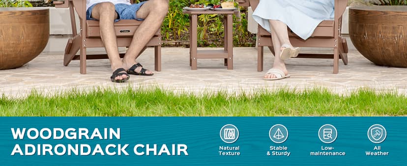 Ciokea Folding Adirondack Chair Wood Texture, Patio Adirondack Chair Weather Resistant, Plastic Fire Pit Chair with Cup Holder, Lawn Chair for Outdoor Porch Garden Backyard Deck (Teak)