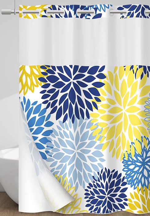 No Hook Shower Curtain with Snap in Liner - Watercolor Floral Shower Curtain - Fabric Waterproof Inner Liner, Plants Blue Beige Flowers White Cloth Shower Curtains Washable, 71 x 74 Inch