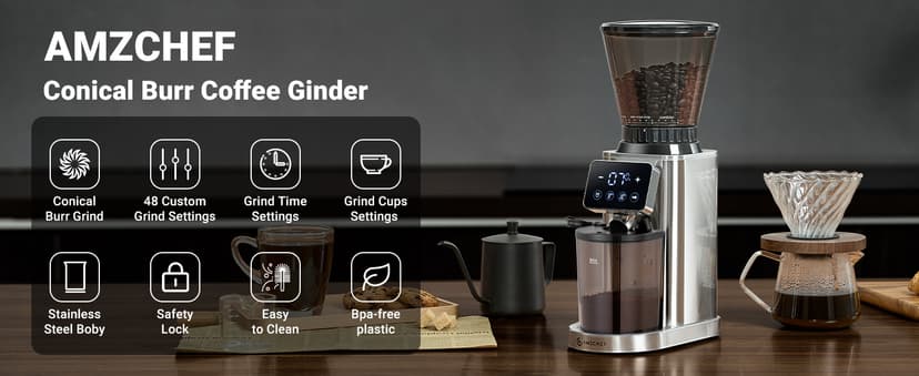 AMZCHEF Coffee Grinder, Coffee Bean Grinder for Home Use with Precise Grinding, LED Control Panel, Detachable Funnel Stand, Anti-static Design, 48 Grind Settings, silver