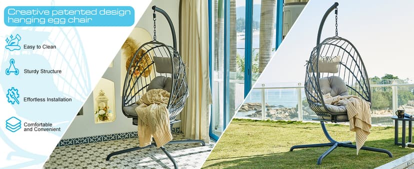 Hanging Egg Chair with Stand and Leg Rest – Rattan Wicker Swing Hammock Chair, UV-Resistant Cushion, Heavy-Duty Frame for Indoor & Outdoor Patio, Bedroom, Balcony, Garden – 330 lbs Capacity.