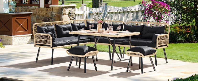 YITAHOME Patio Wicker L-Shaped Furniture Set, All-Weather Rattan Outdoor Conversation Sofa Set for Backyard Deck with Soft Cushions,Ottomans and Plastic Wood Dining Table (Light Brown+Black)