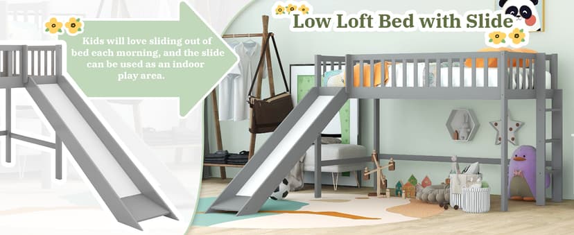 Bellemave Twin Size Loft Bed for Kids,Low Loft Bed with Slide and Ladder,Wood Loft Bed Twin for Girls Boys,Grey