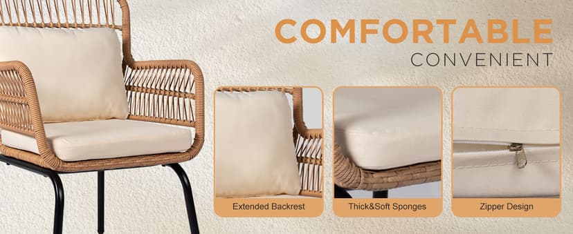 3 Piece Outdoor Wicker Furniture Bistro Set, Rattan Chairs Conversation Sets Wicker Patio Furniture for Balcony Poolside Backyard, Yellow/Beige