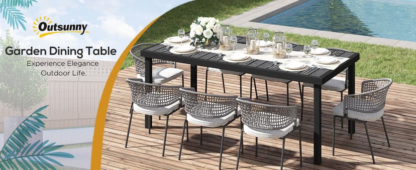 Outsunny 75" x 35" Outdoor Dining Table for 8 People, Rectangular Aluminum Frame Garden Table with All-Weather Faux Wood Top for Garden, Lawn, Patio, Black