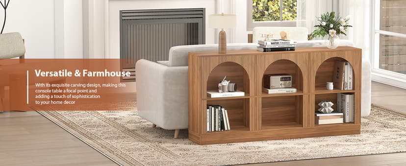 Console Table with 3-Tier Open Storage, 63" Arched Entryway Table with Carved Fluted Panels, Rectangular Wooden Sofa Table for Living Room, Hallway, or Behind Couch (1, Walnut)