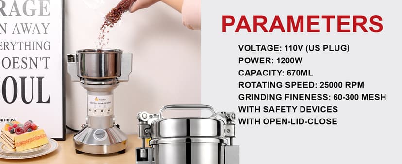 FoundGo Electric Grain Mill 10.6oz/300g Commercial Grain Grinder Stainless Steel Powder Grinding Machine 25,000rpm Pulverizer for Spice/Coffee/Flour/Pepper/Herb Superfine (300g, Standing)