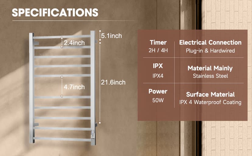 Towel Warmer for Bathroom, Heated Towel Warmer Rack Wall Mounted, 10 Bar Large Electric Hot Towel Rack with Built-in Timer, Hard-Wired & Plug-in, Fast Heating, Nickel Silver
