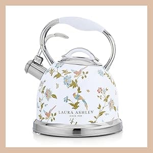 Laura Ashley Elveden White Stovetop Kettle with Whistle - 2.5L Fast Boil Stainless Steel Kettle Stove Top - Silicon Coated Cool Handle Camping Kettle for Gas, Induction Hob - Compatible with Aga Stove