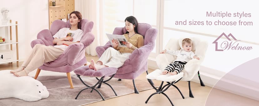 Welnow Lazy Chair with Ottoman, Modern Lounge Accent Chair with Armrests and a Side Pocket, Leisure Sofa Armchair, Reading Armchair with Footrest for Small Space, Plush Grey