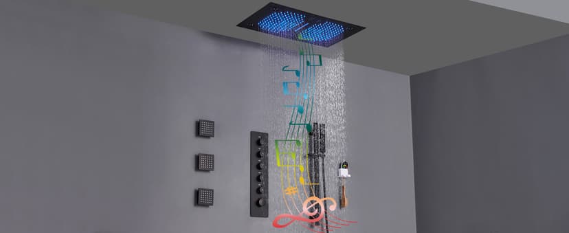 MONDAWE 28 Inch Flush-Mounted Thermostatic Shower System in Matte Black, 64 Colors LED and Bluetooth Control Music Rainfall Shower Head, Handheld Spray and Body Jets, High Pressure Shower Faucet Set