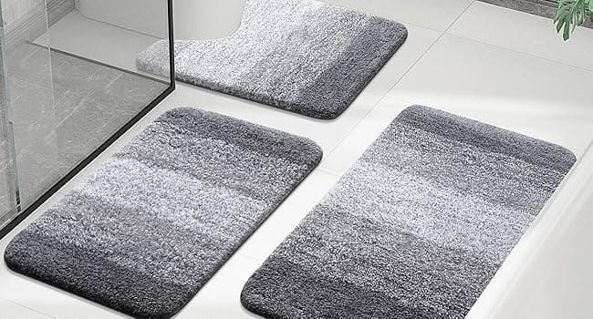 OLANLY Bathroom Rugs Sets 3 Piece, Soft Absorbent Microfiber Bath Mats and U-Shaped Contour Toilet Rug, Plush Shaggy Bath Mat Set for Bathroom (30"x20"+24"x16"+24"x20", Grey)