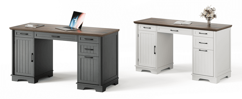 56" Large Modern Executive Desk, Farmhouse Computer Desk with File Drawers, Wood Home Office Desks with Charging Station, Adjustable Shelf, Storage Cabinet, for Writing Work Study (Black)