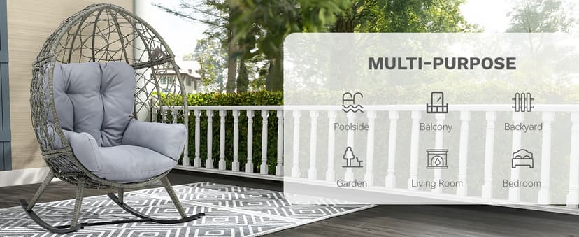 DWVO Wicker Rocking Egg Chair, Oversized Indoor Outdoor Rattan Rocking Chair, Indoor Outdoor Lounger for Patio, Backyard, Living Room, Light Gray