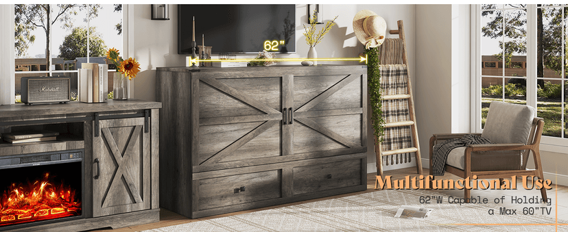 AMERLIFE Queen Murphy Bed with Storage & Charging Station, Farmhouse Murphy Cabinet with Foldable Panel, Noisy Free, for Living Room, Guest Bedroom, Office, Rustic Gray