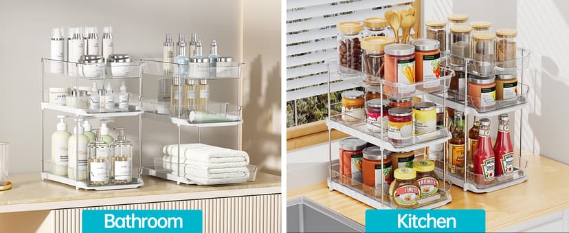 Delamu 2 Sets of 3-Tier Bathroom Under Sink Organizers and Storage, Multi-Purpose Stackable Pantry Organization and Storage, Pull Out Clear Kitchen Bathroom Cabinet Organizer with Movable Dividers