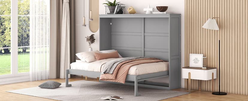 Merax Modern Farmhouse Solid Wood Murphy Cabinet Bed, No Box Spring Needed/Easy Assemble/Queen,Gray