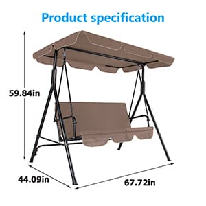 3-Seat Patio Swing Chair, Outdoor Porch Swing with Adjustable Canopy and Durable Steel Frame for Patio, Garden, Poolside(Brown)