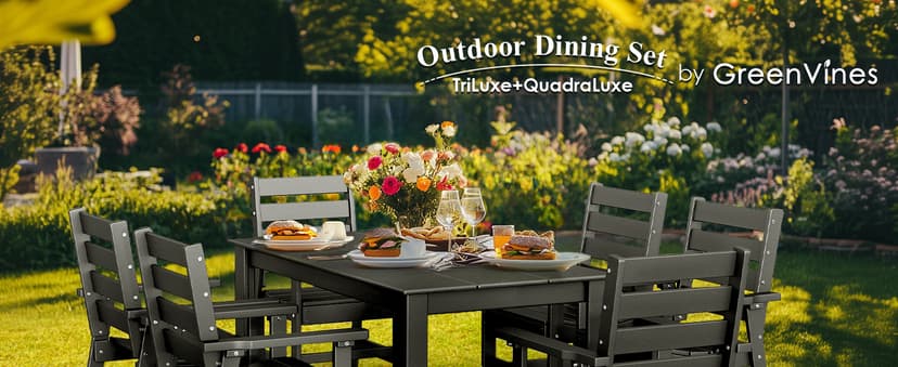 GREENVINES 7-Piece Outdoor-Dining-Set | HDPE Plastic 67'' Table and Chairs Sets for 6 | Patio Furniture | All Weather | Umbrella Hole | Black | for Poolside Garden Backyard