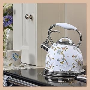 Laura Ashley Elveden White Stovetop Kettle with Whistle - 2.5L Fast Boil Stainless Steel Kettle Stove Top - Silicon Coated Cool Handle Camping Kettle for Gas, Induction Hob - Compatible with Aga Stove