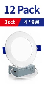 Meconard 4 Pack 4 Inch LED Recessed Ceiling Light with Junction Box, 3000K/4000K/5000K Selectable, 9W=75W 750LM, Dimmable Canless Downlights, ETL and Energy Star Listed