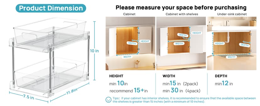 Vtopmart 4 Pack Bathroom Organizer, 2 Tier Clear Under Sink Organizers Vanity Countertop Storage Container,Cabinet Drawers Bins, Pull-Out Organization with Track for Pantry, Kitchen