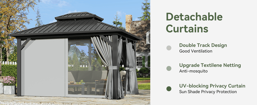 Aoxun 12'x10' Hardtop Gazebo, Aluminum Frame Permanent Pavilion with Curtains and Netting, Outdoor Galvanized Double Roof Canopy, Designed for Garden, Lawns, Patio (Black/Grey)