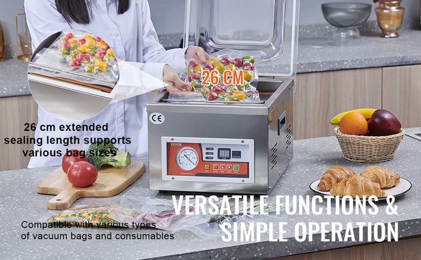 VEVOR Chamber Vacuum Sealer, DZ-260A 6.5 cbm/h Pump Rate, Excellent Sealing Effect with Automatic Control, 110V/60Hz Professional Foods Packaging Machine Used for Fresh Meats (260W)