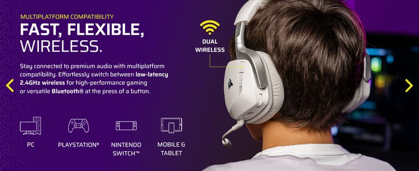 Corsair Void v2 Wireless Gaming Headset with Bluetooth for PC, PS5, PS4, Switch, Mobile – Dolby Atmos, 70 Hr Battery, Dual Wireless, Lightweight, Fast Charging – White