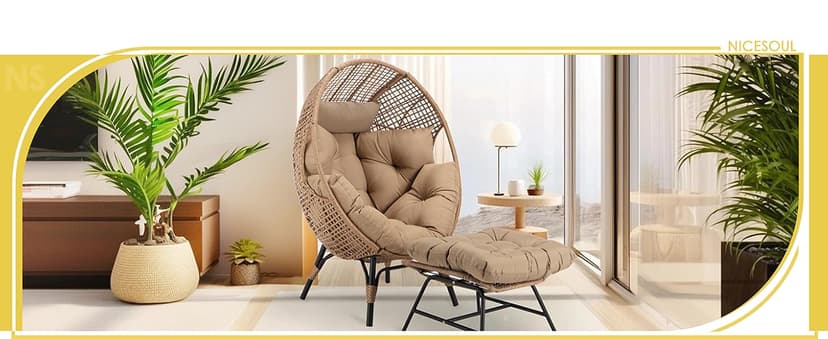NICESOUL Wicker Egg Chair with Ottoman, Indoor Outdoor Egg Basket Lounge Chair w/Cushion, Oversized Egg Seat with Legs 440 Lbs, Comfy Cozy Boho Style Nest Chair w/Footrest for Patio, Balcony, Beige