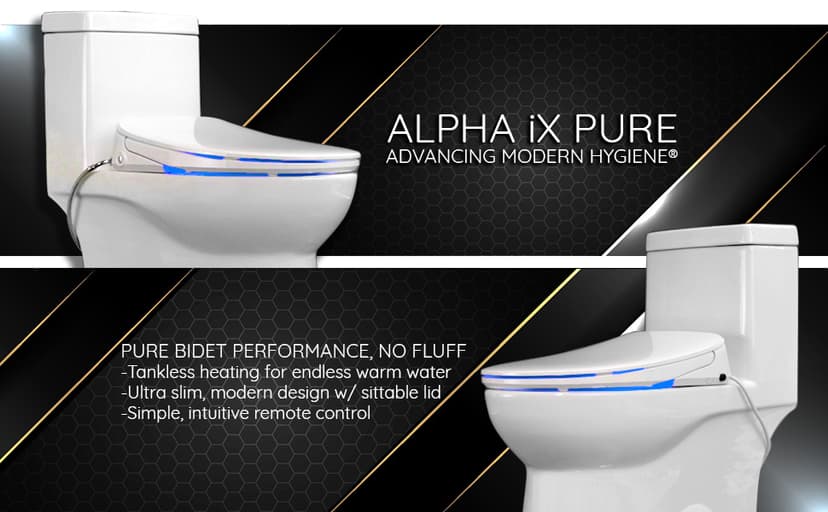 ALPHA BIDET iX Pure Bidet Toilet Seat in Elongated White | Ultra Low Profile | Endless Warm Water | Arced Stainless Steel Nozzle | Blue LED Nightlight | Dryer
