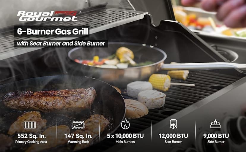 Royal Gourmet SG6002R 6-Burner Propane Grill with Sear Burner and Side Burner, Stainless Steel Cabinet Style Gas Grill with 71,000 BTU Output, for Outdoor Patio Garden Picnic Backyard Cooking, Silver