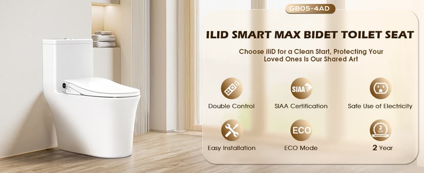 iliD Smart Max Bidet Toilet Seat, Electric Elongated Ecoseat with Four Cleaning Modes, Auto Open/Close, Wider Seat, Ultra Slim, Female Wash and Rear Wash