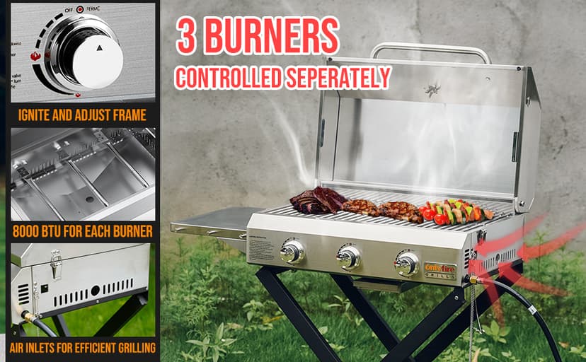 Onlyfire BBQ Gas Grill 3-Burner with Foldable Cart & Side Table, Portable Propane Grill with Lid for Outdoor Patio Backyard Barbecue Camping Tailgating RV Trip, Stainless Steel, GS308